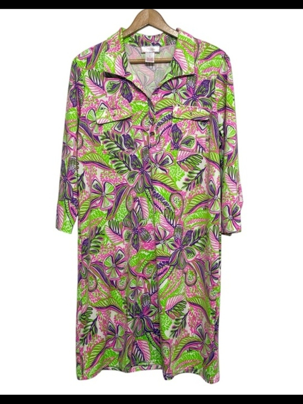 Stella Parker Vibrant Floral Button-Front Tunic Dress in Pink & Lime